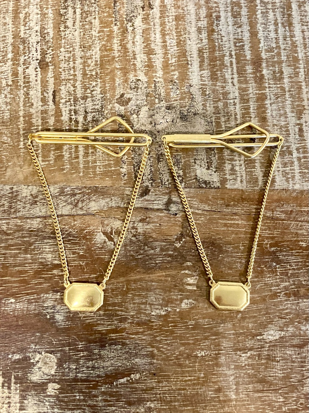 2 Gold Tone Tie Bars Chain and Plaque Design